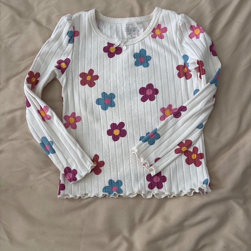 365 Kids Ribbed Puff Sleeve Floral Tee Size 6
